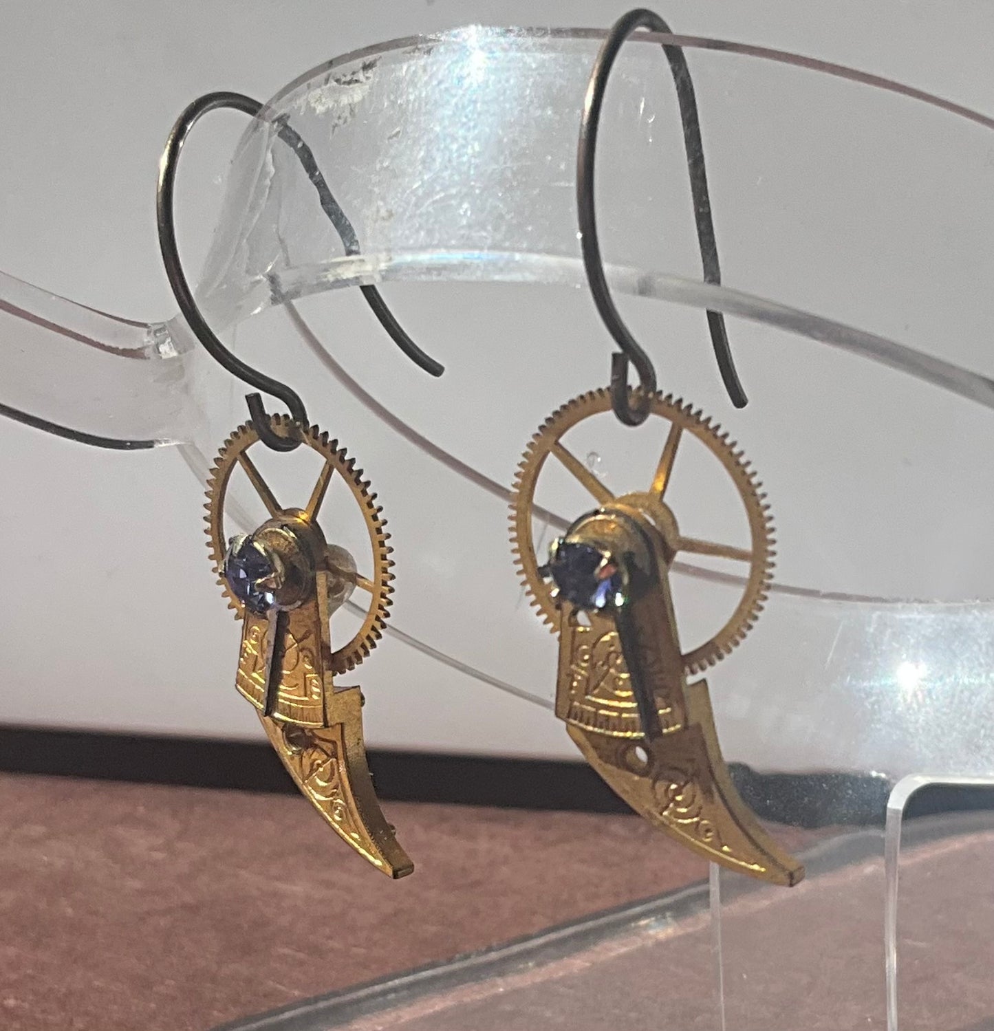 antique pocket watch regulator earrings in gold and tanzanite