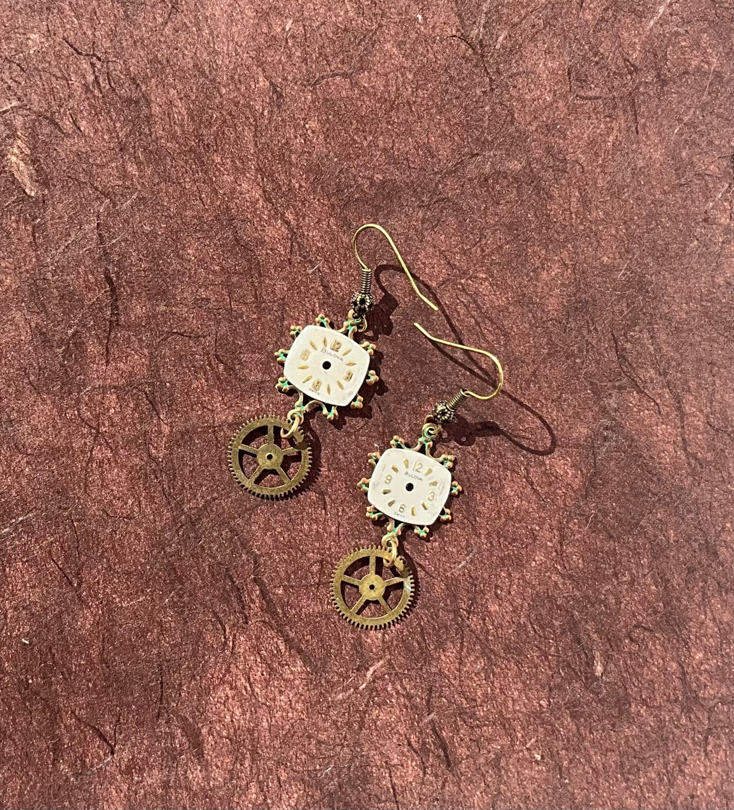 vintage watch face and pocket watch gear earrings