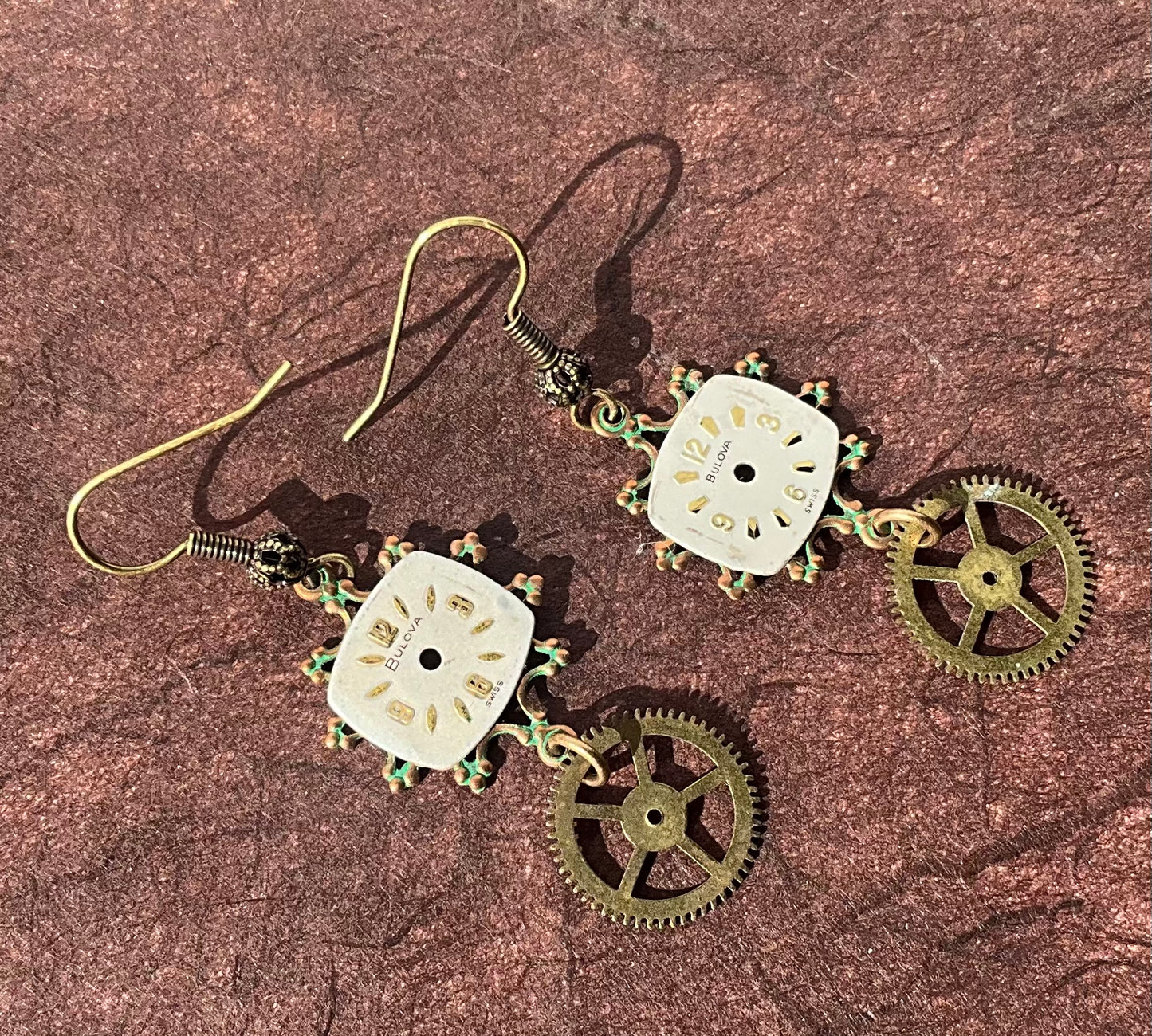 vintage watch face and pocket watch gear earrings