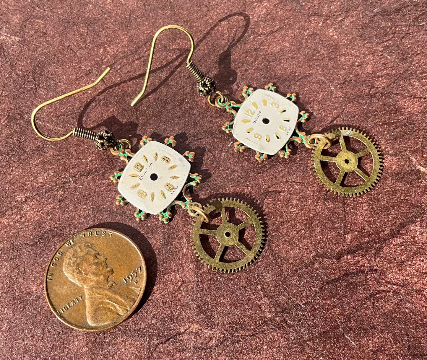 vintage watch face and pocket watch gear earrings