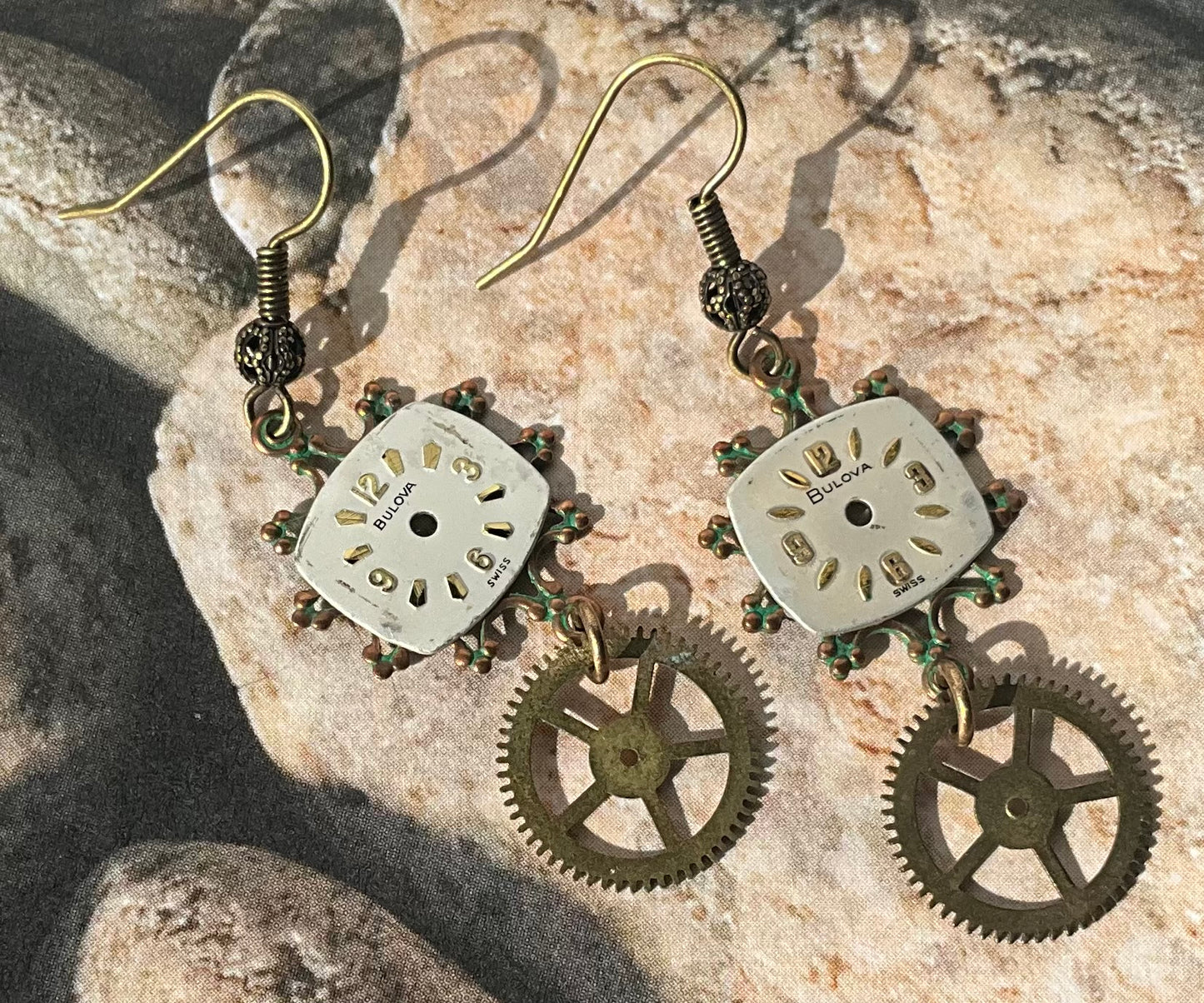 vintage watch face and pocket watch gear earrings