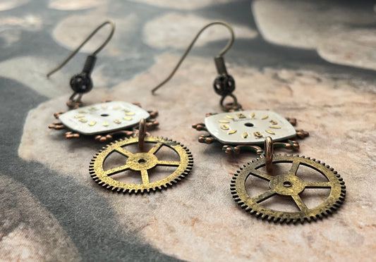 vintage watch face and pocket watch gear earrings