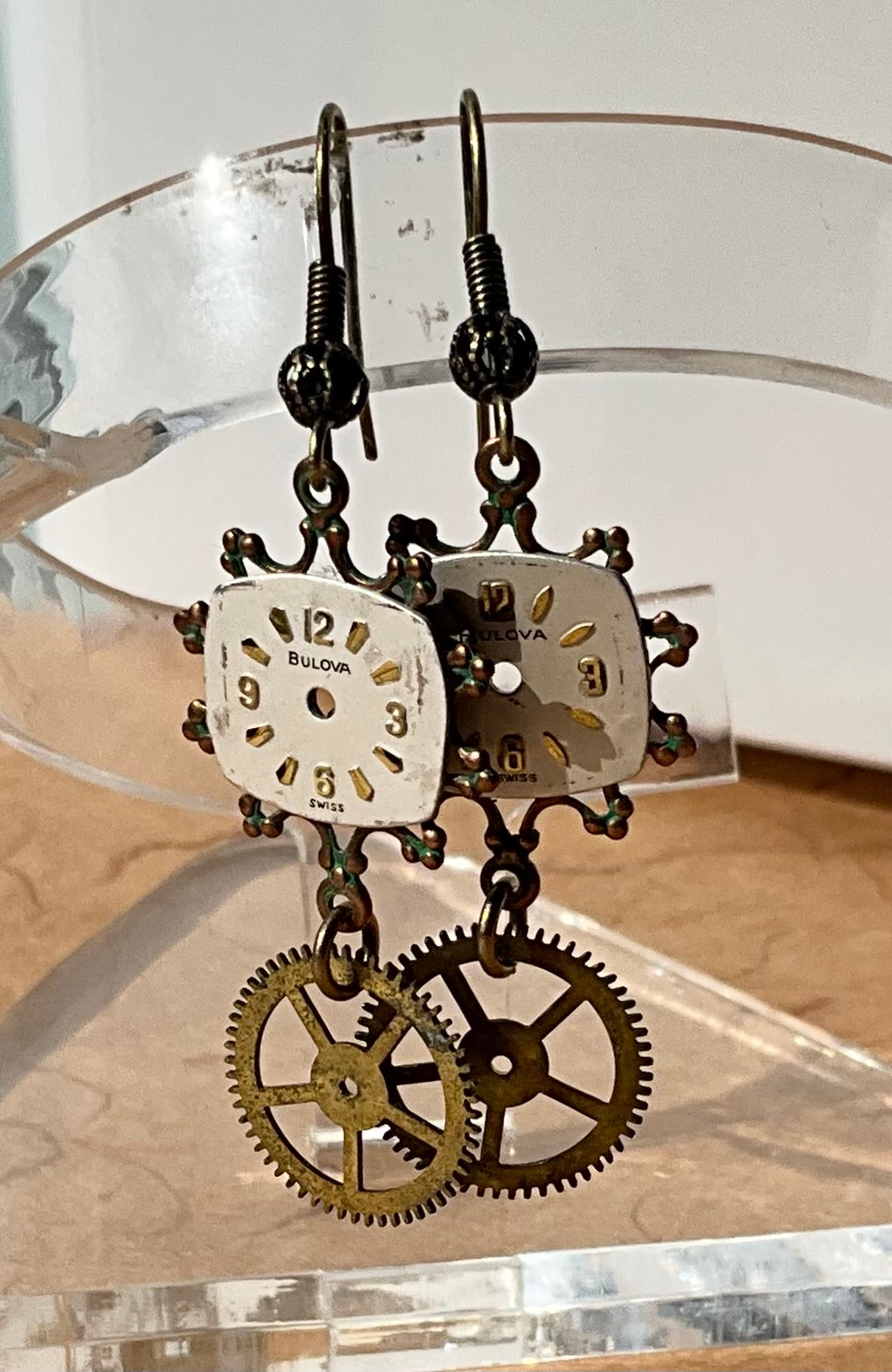 vintage watch face and pocket watch gear earrings