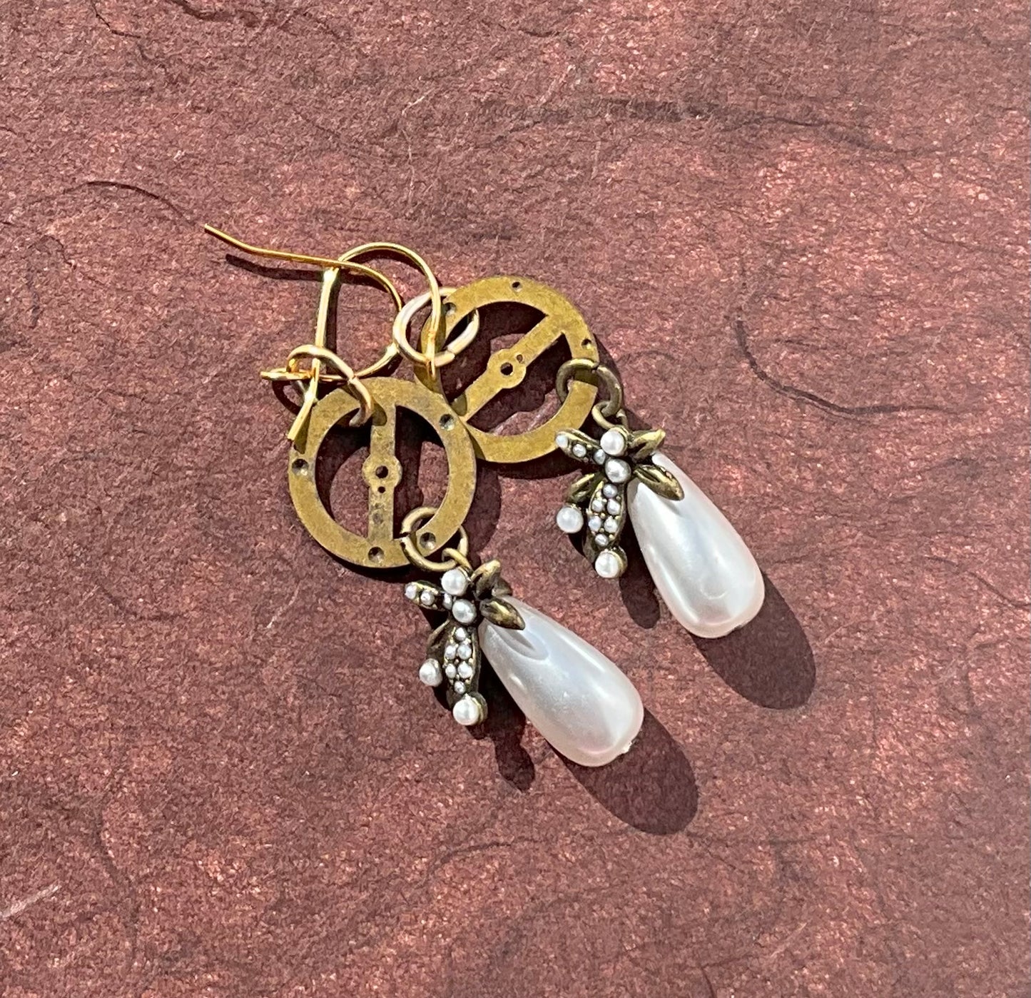 vintage pocket watch gears and repurposed pearl drops