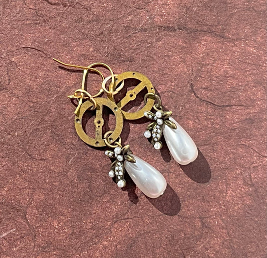 vintage pocket watch gears and repurposed pearl drops