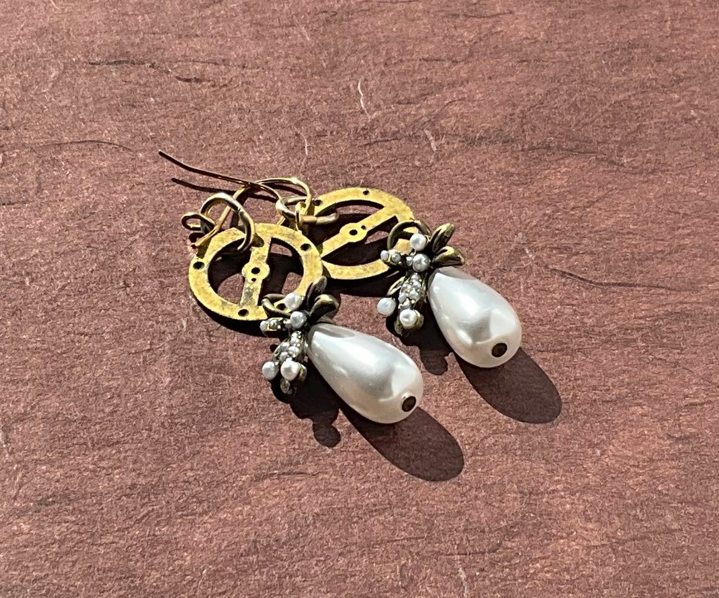 vintage pocket watch gears and repurposed pearl drops