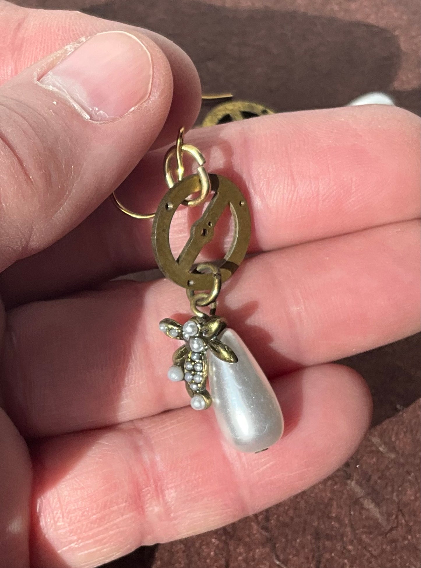 vintage pocket watch gears and repurposed pearl drops