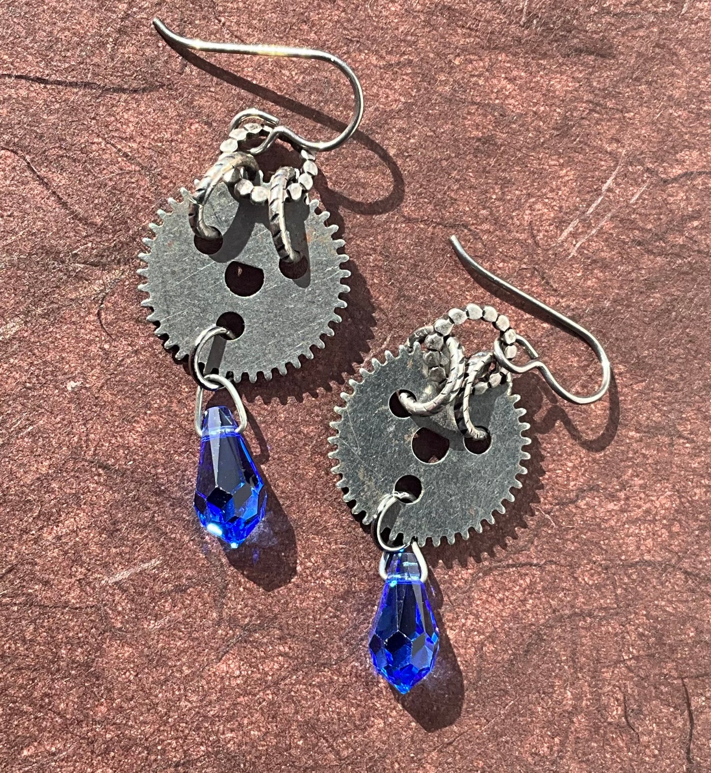 vintage clock gear and blue drop earrings