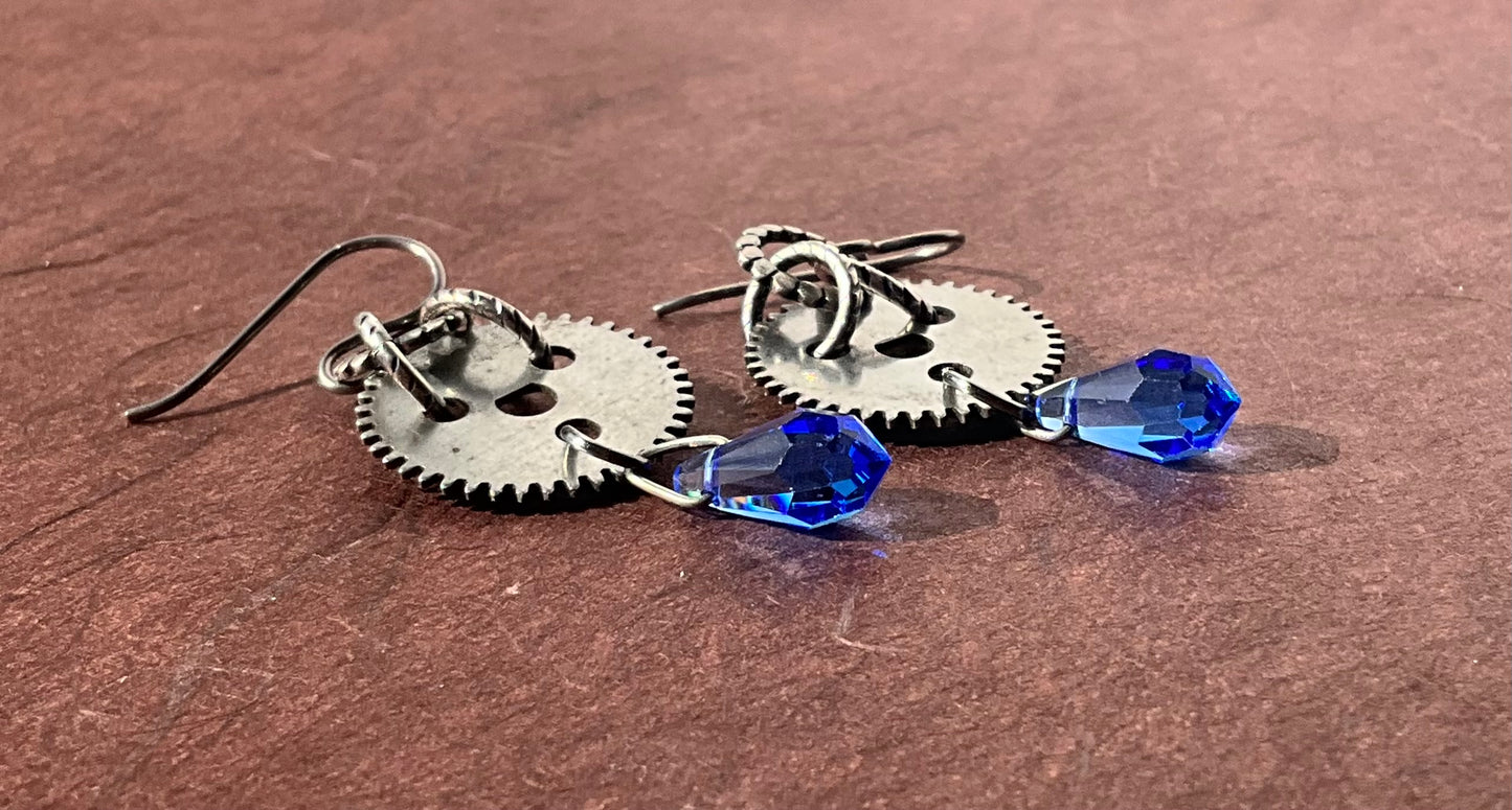 vintage clock gear and blue drop earrings