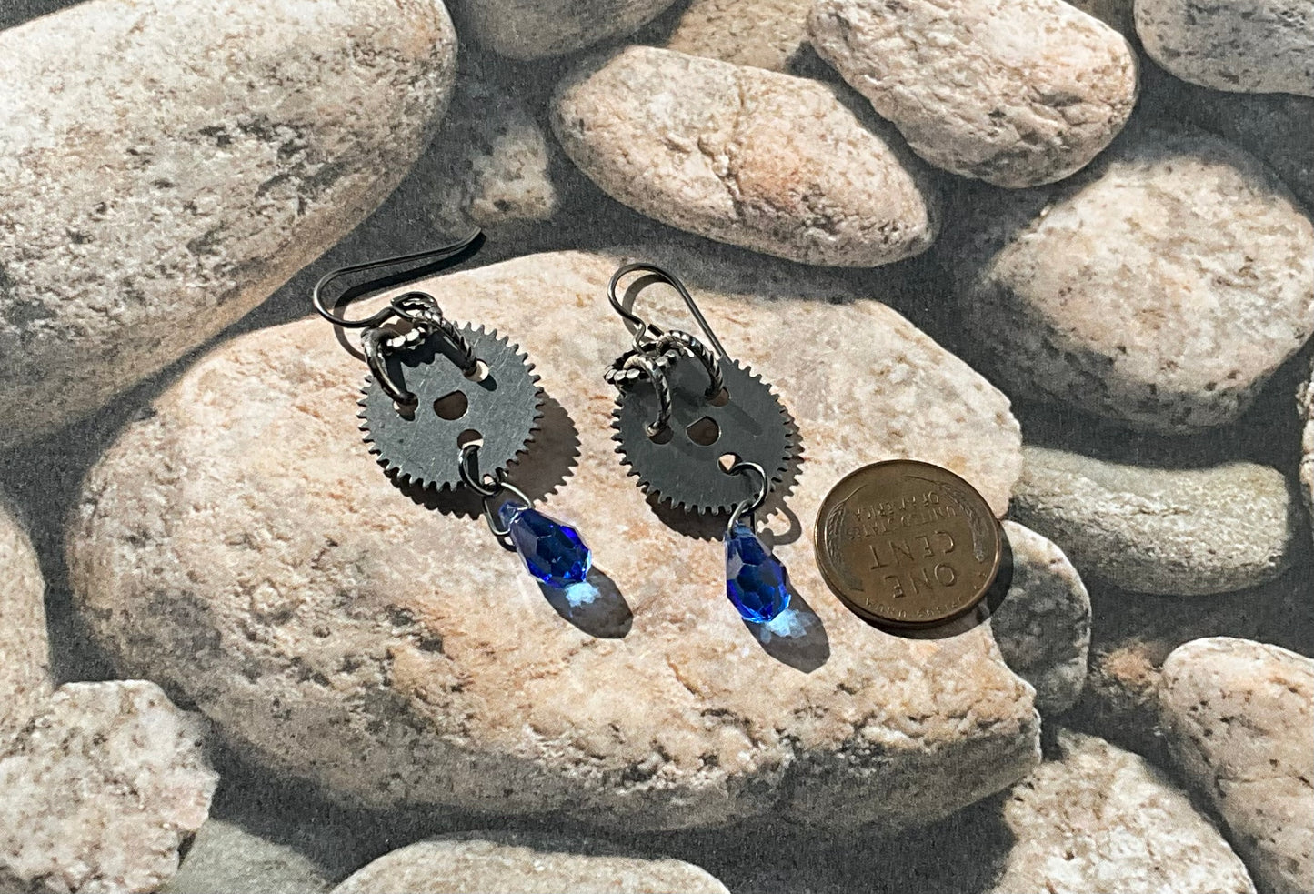 vintage clock gear and blue drop earrings