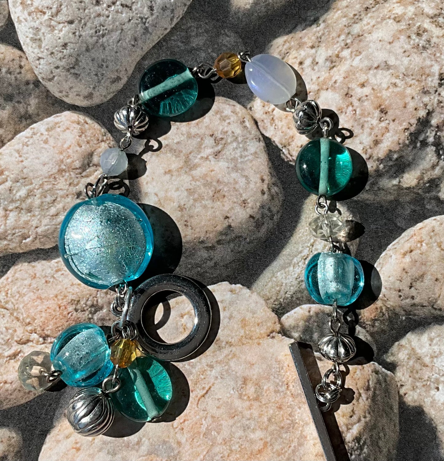 recycled blues aqua life is good glass bead bracelet