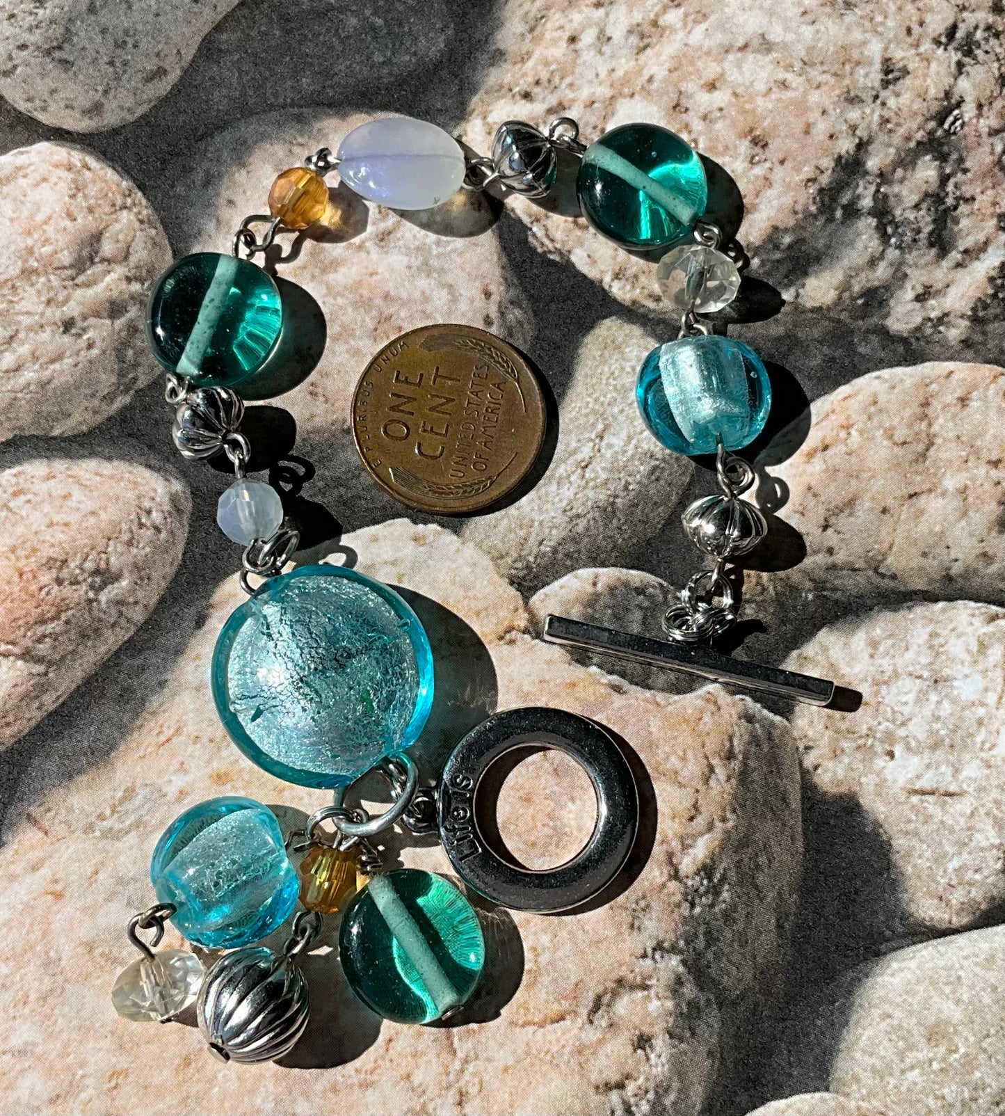 recycled blues aqua life is good glass bead bracelet