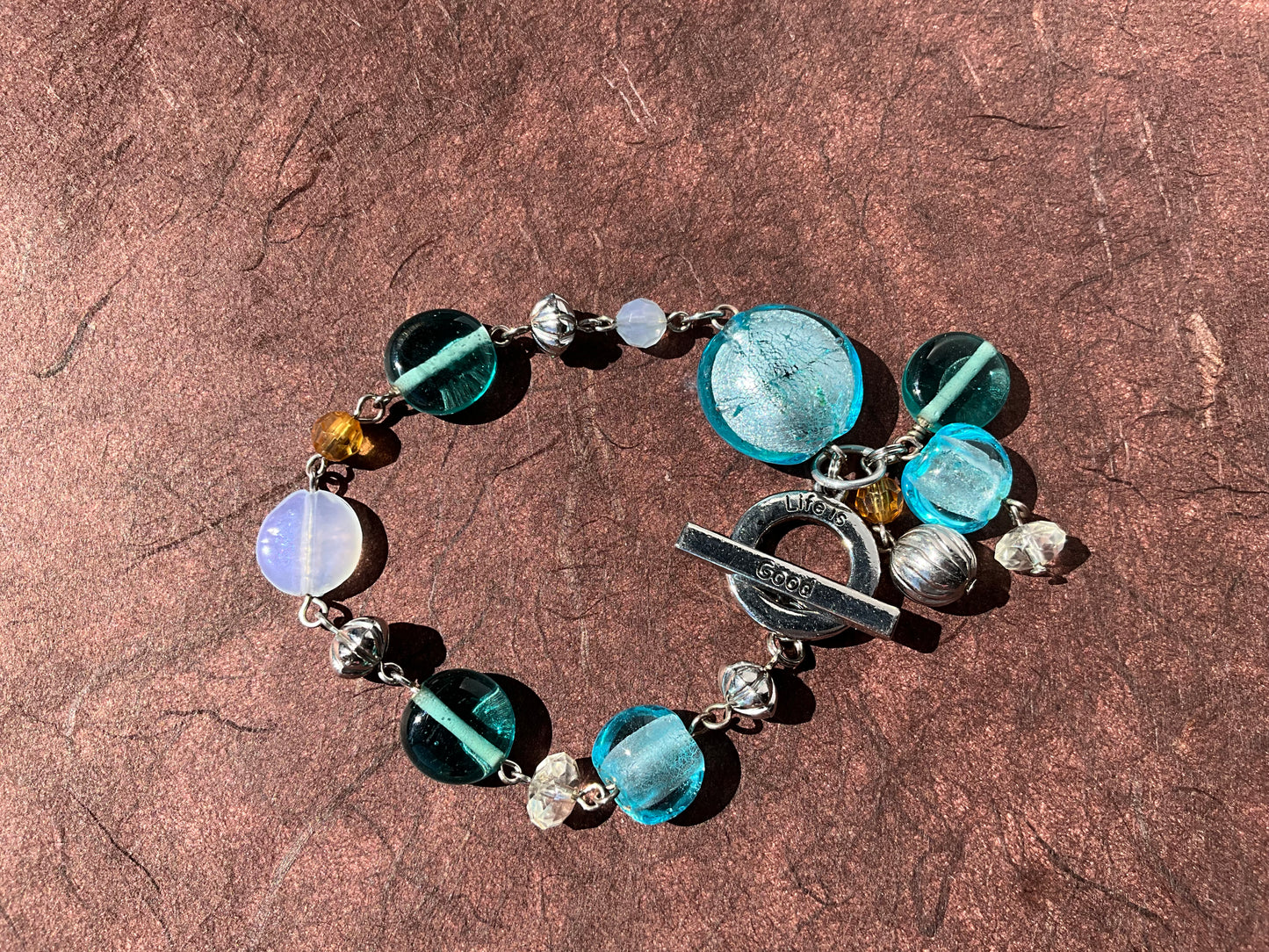 recycled blues aqua life is good glass bead bracelet