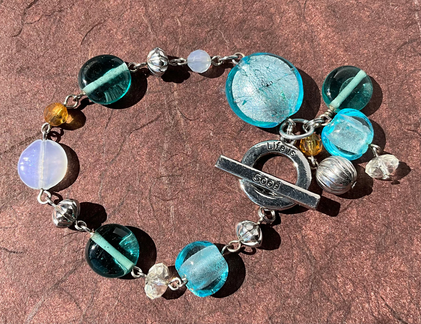 recycled blues aqua life is good glass bead bracelet