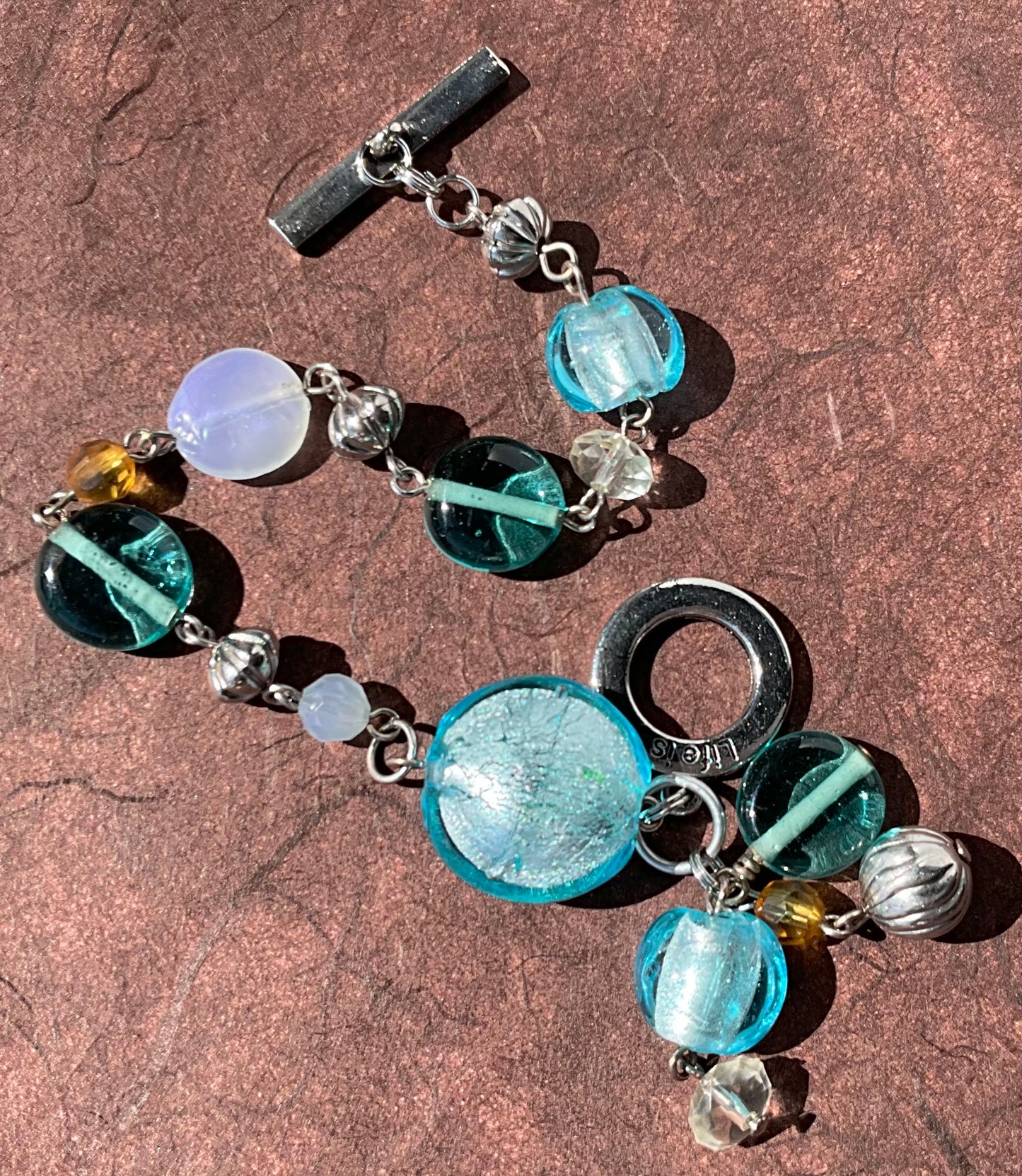recycled blues aqua life is good glass bead bracelet