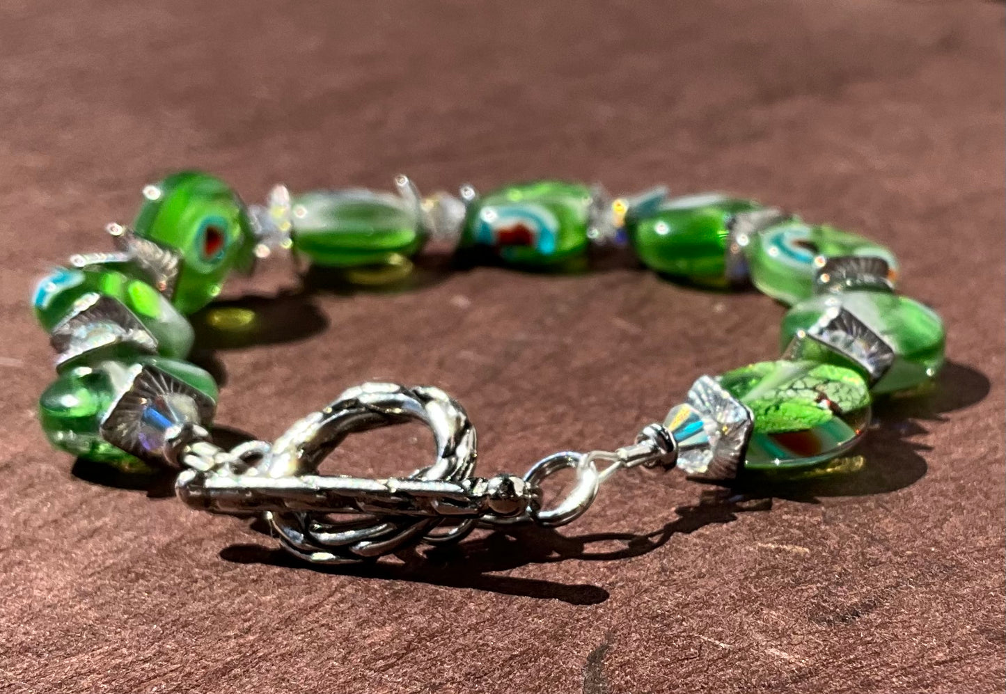 recycled green glass bead bracelet