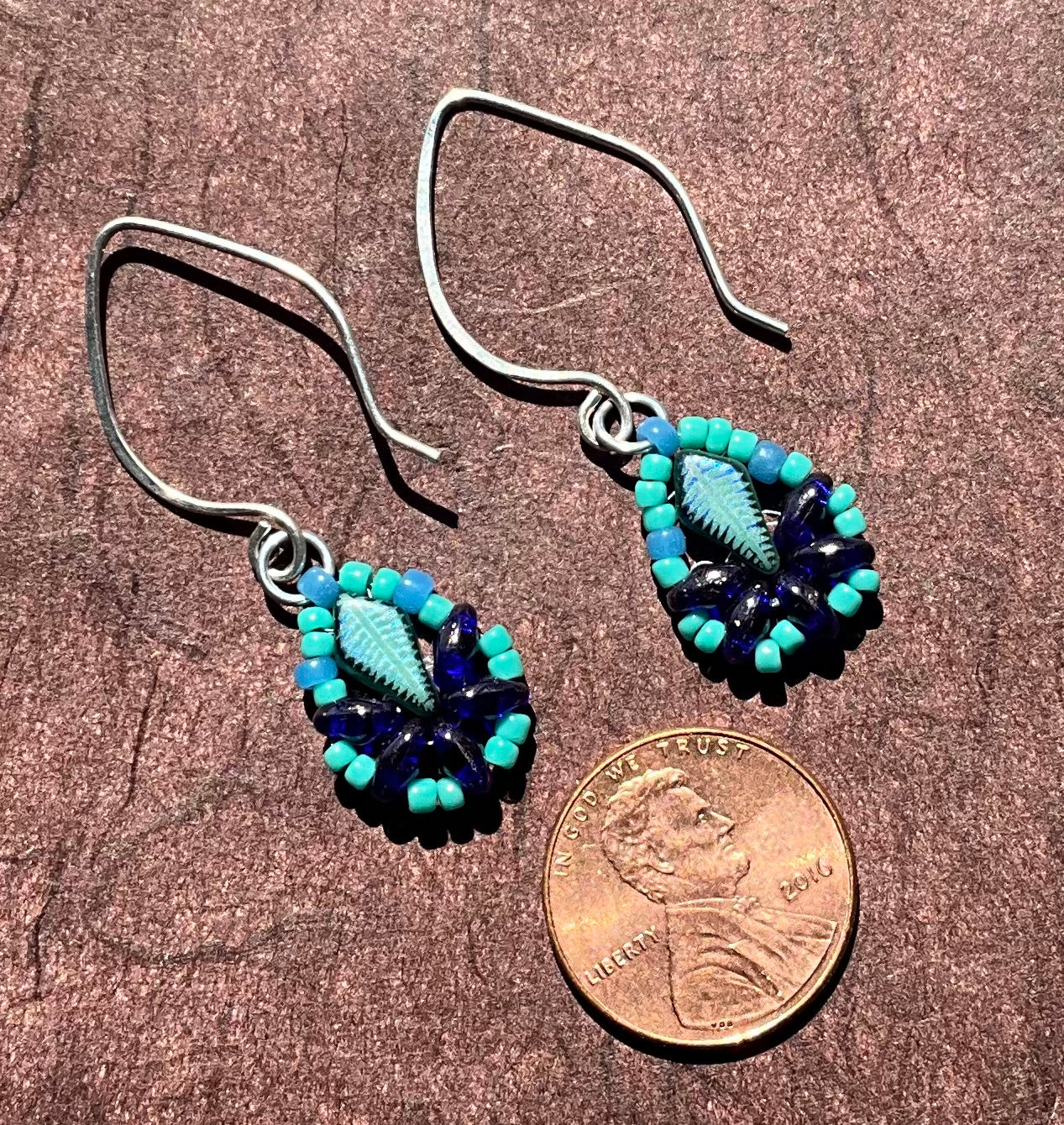 teal and cobalt blue woven leaf earrings