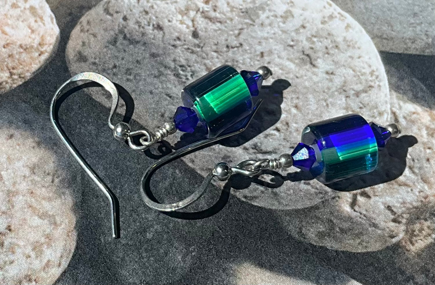 art glass furnace glass blue green cobalt purple with sterling and crystals