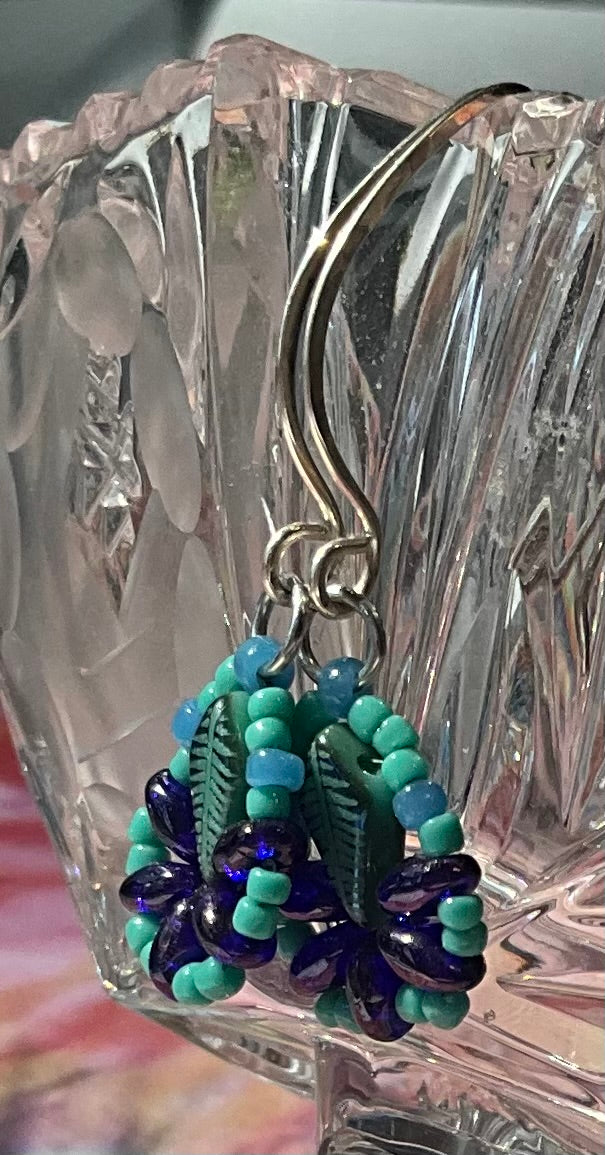 teal and cobalt blue woven leaf earrings