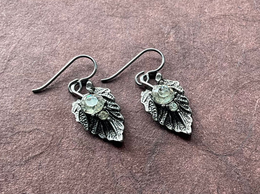 recycled vintage crystals leaf earrings silver-tone