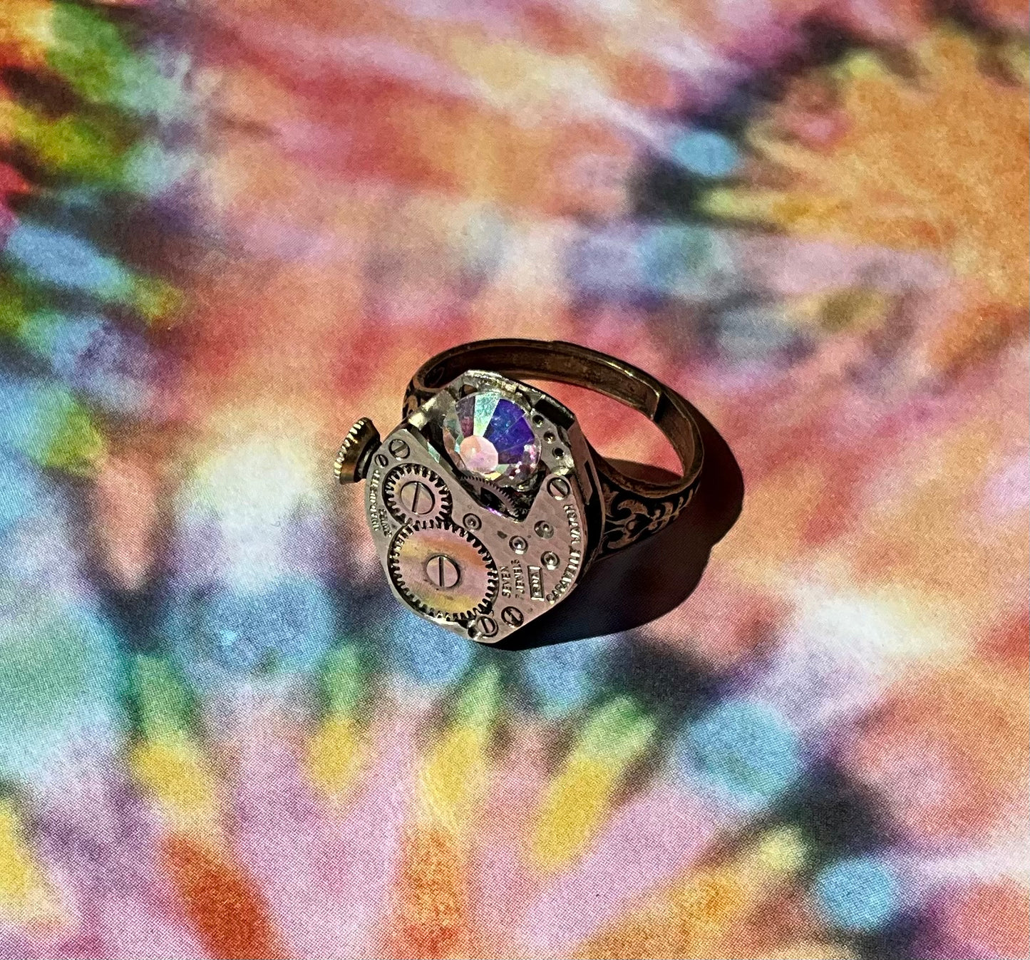 vintage watch movement ring with crystal