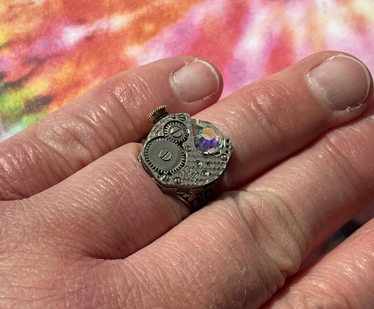 vintage watch movement ring with crystal