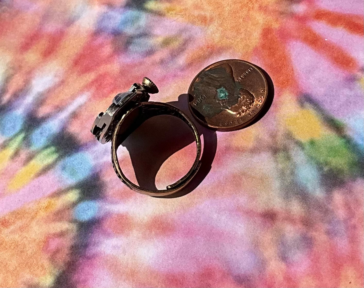 vintage watch movement ring with purple crystal