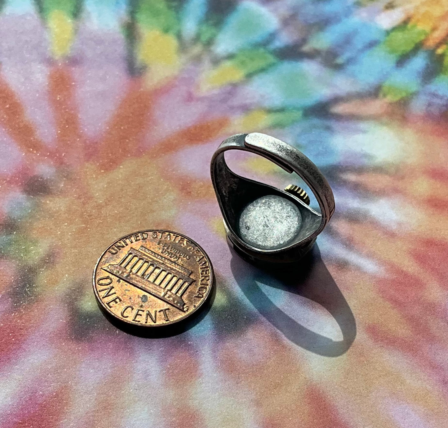 vintage watch movement ring with purple crystal