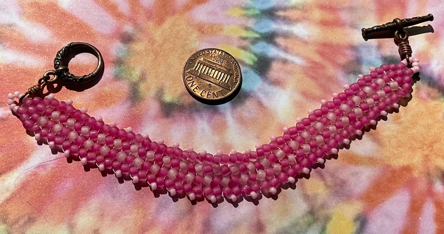 handwoven pretty in pink and copper glass beaded herringbone bracelet