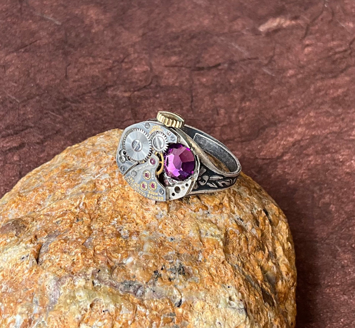 vintage watch movement ring with purple crystal