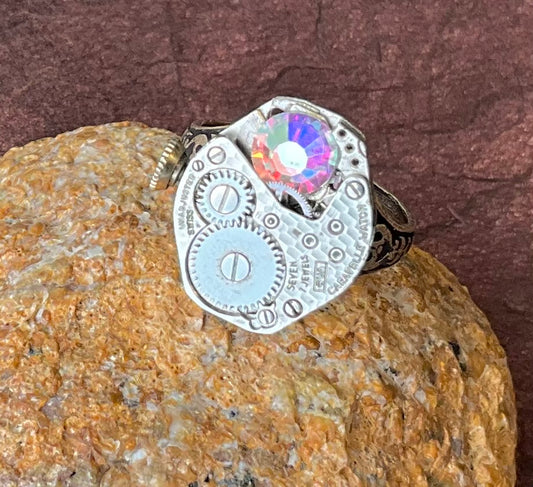 vintage watch movement ring with crystal