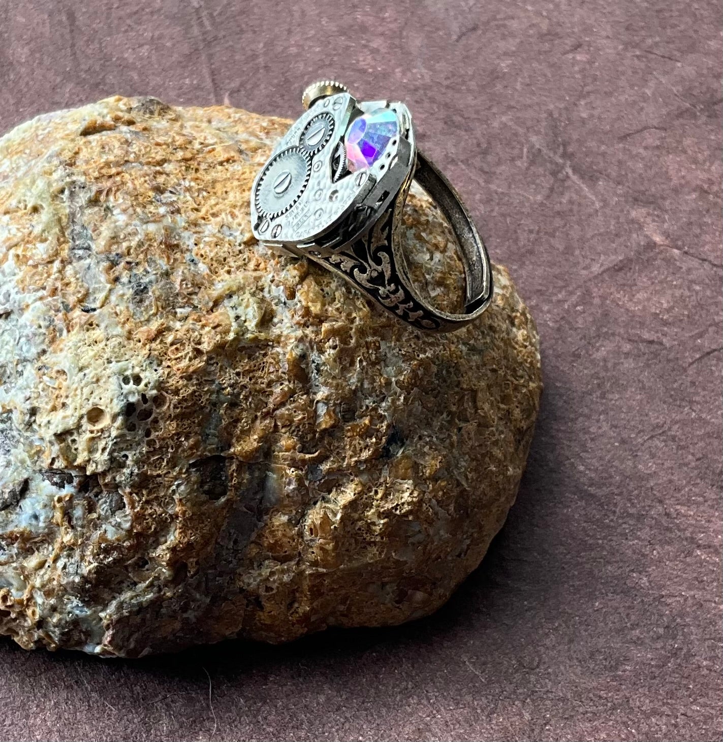 vintage watch movement ring with crystal