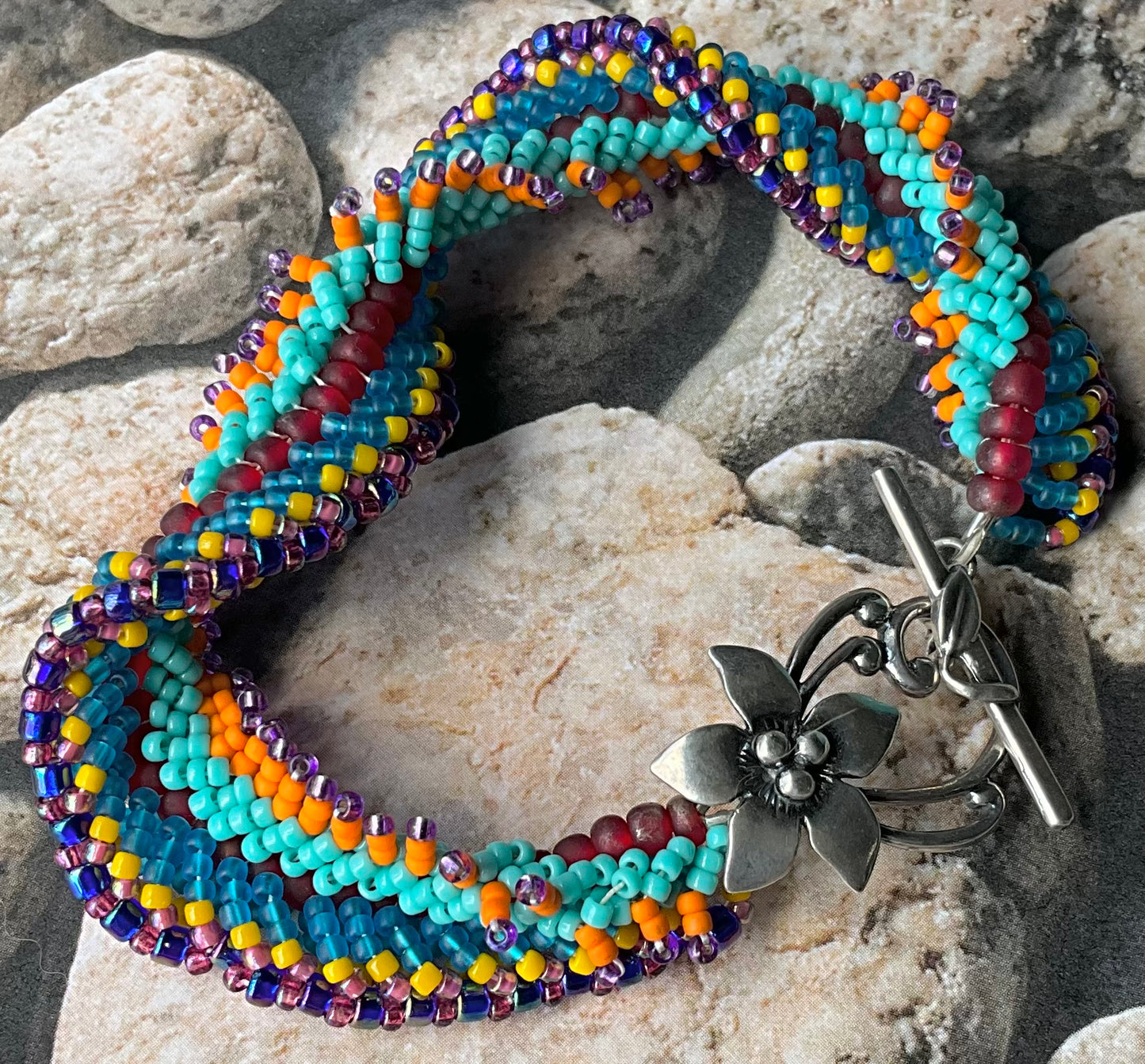 OOAK woven bracelet carnival colors sterling clasp aqua, blue, purple yellow red, etc