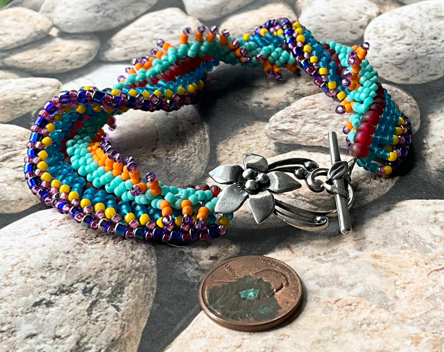 OOAK woven bracelet carnival colors sterling clasp aqua, blue, purple yellow red, etc