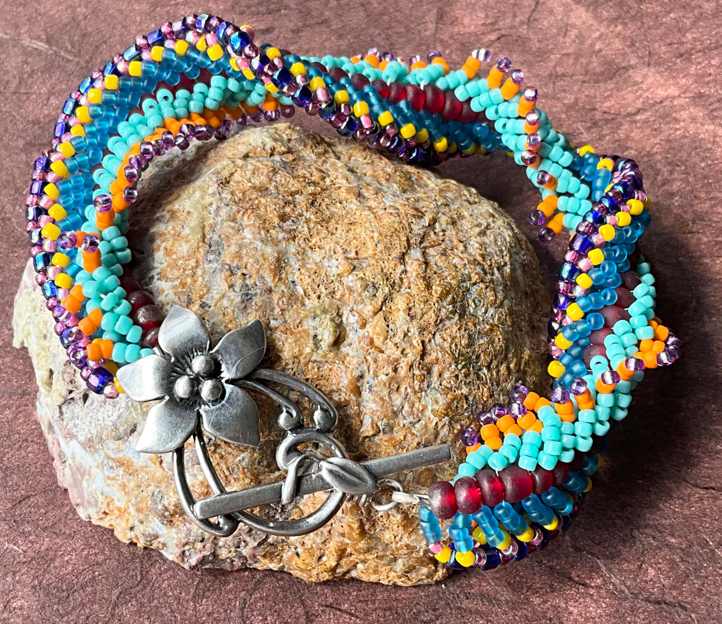 OOAK woven bracelet carnival colors sterling clasp aqua, blue, purple yellow red, etc