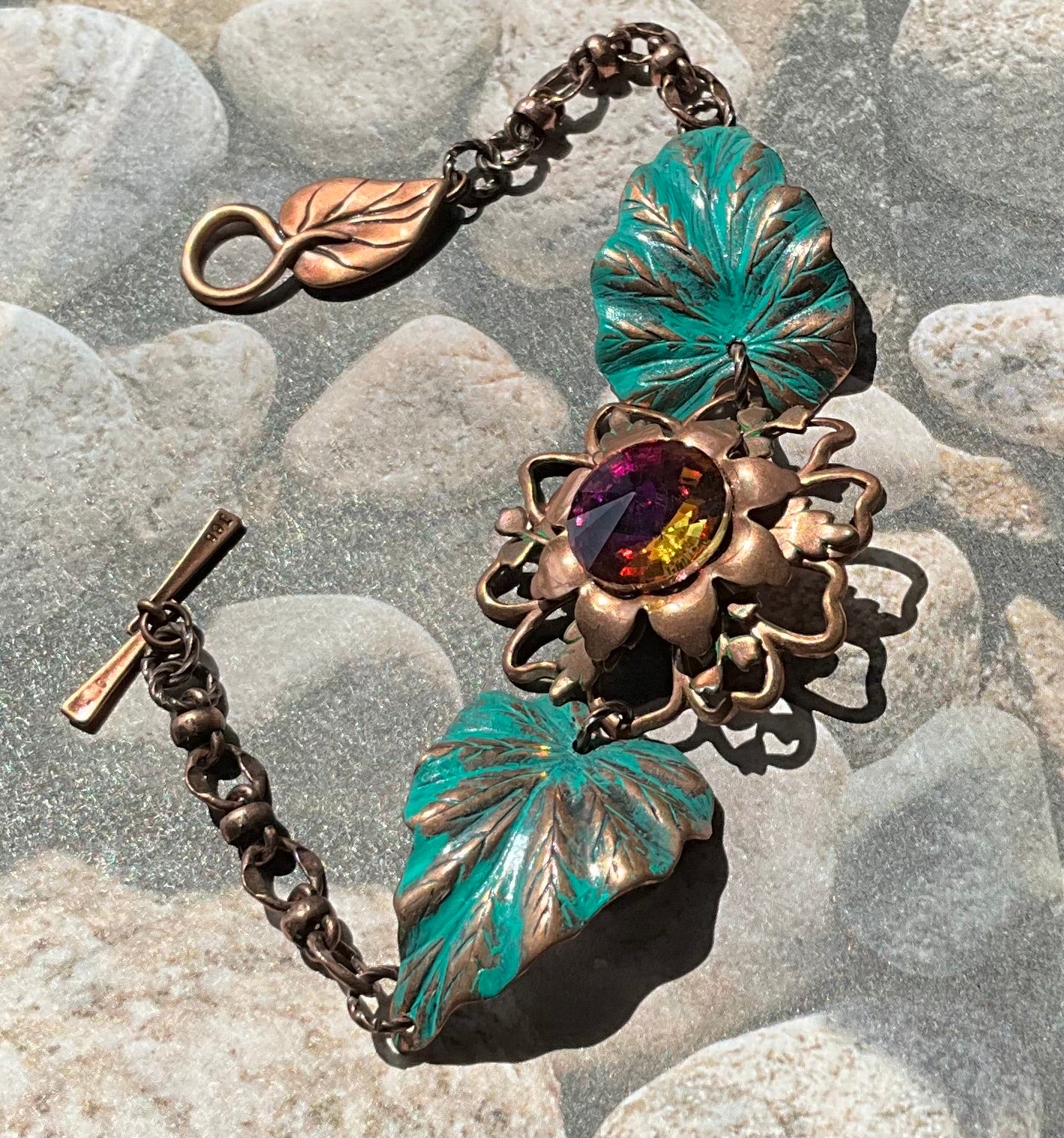 metal copper crystal flower and leaves bracelet