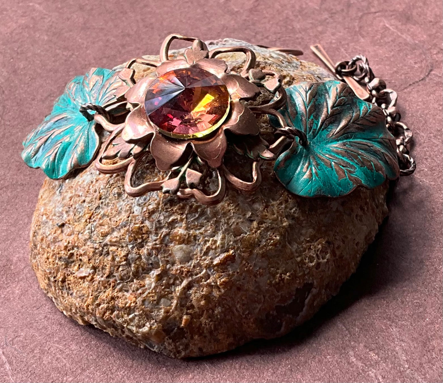 metal copper crystal flower and leaves bracelet