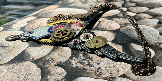 bike, clock and watch parts statement necklace