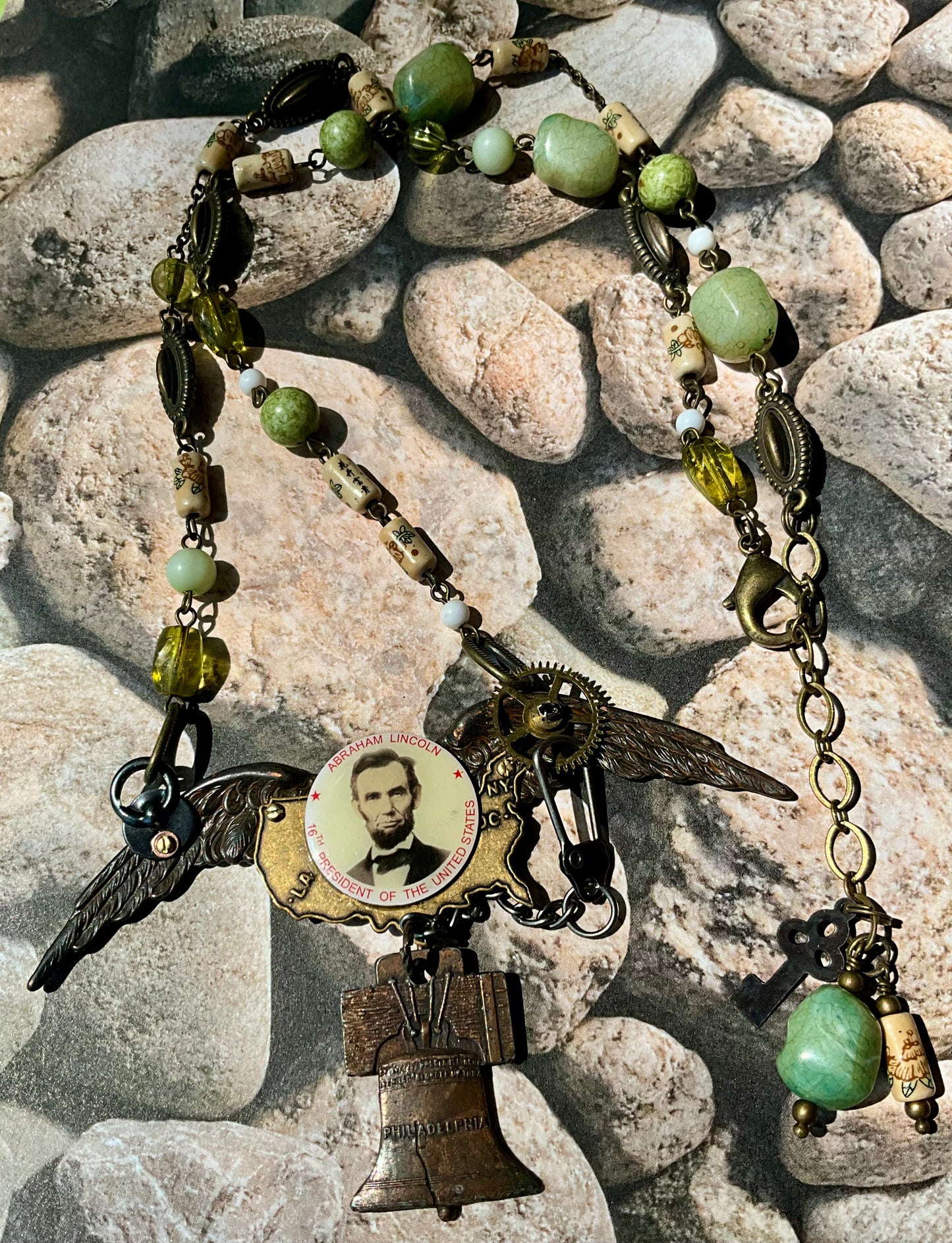 Lincoln and liberty bell found objects statement necklace
