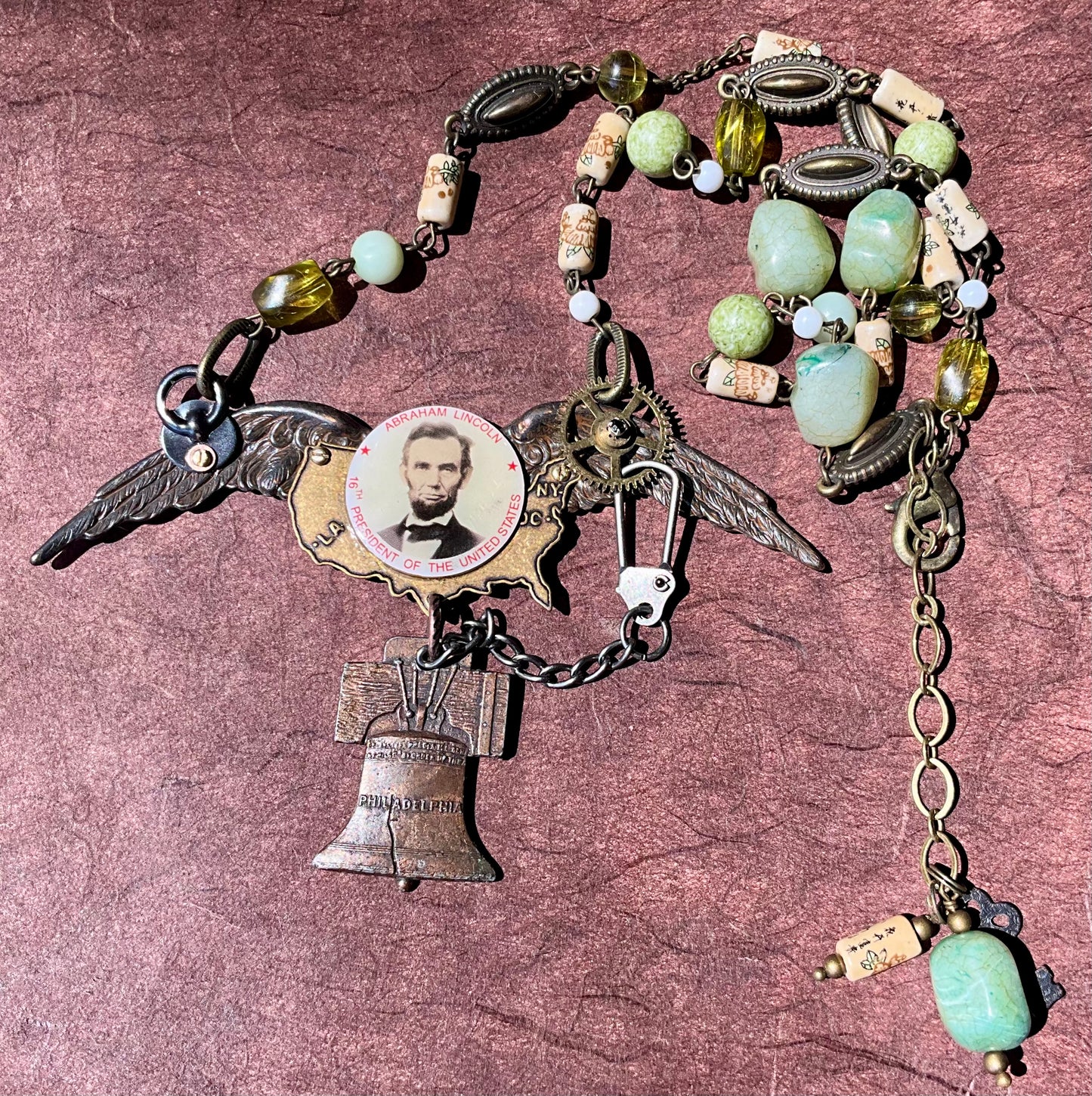Lincoln and liberty bell found objects statement necklace