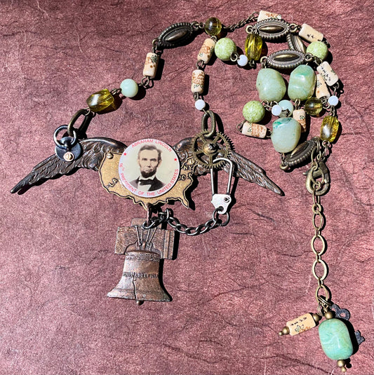 Lincoln and liberty bell found objects statement necklace