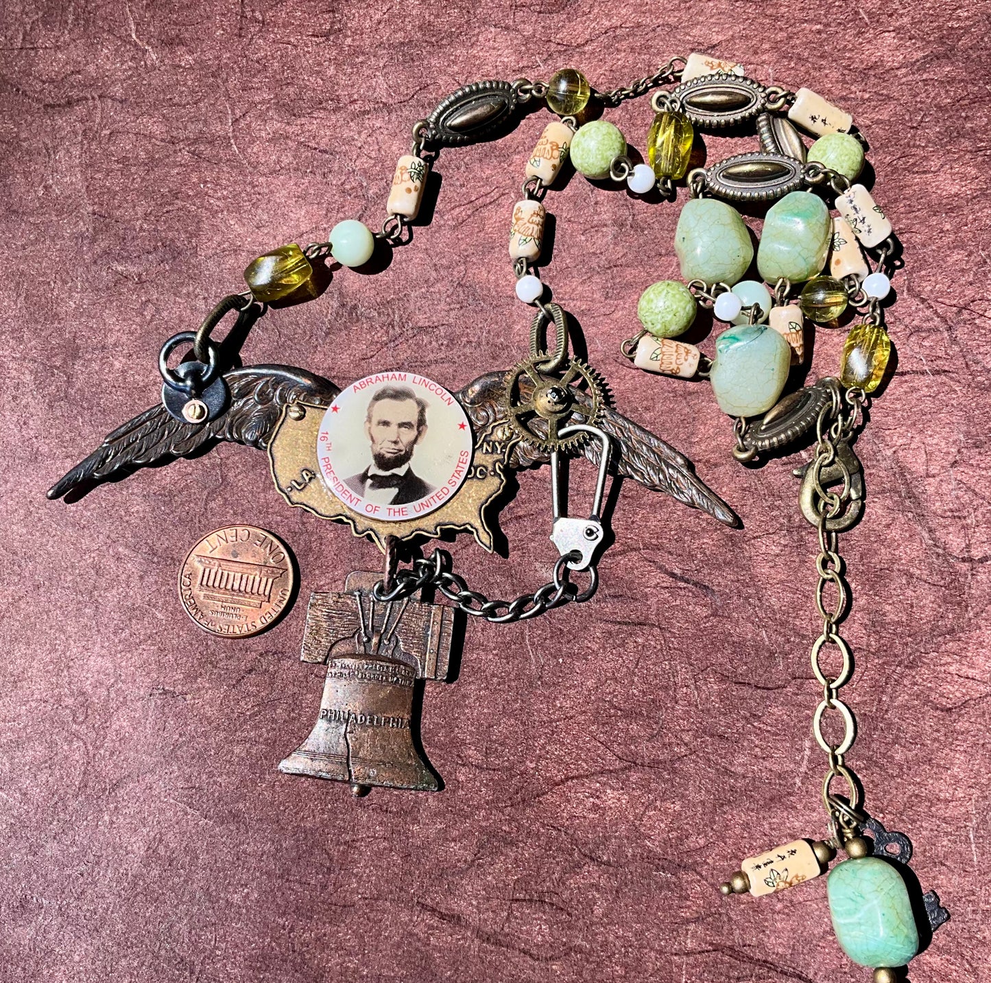 Lincoln and liberty bell found objects statement necklace