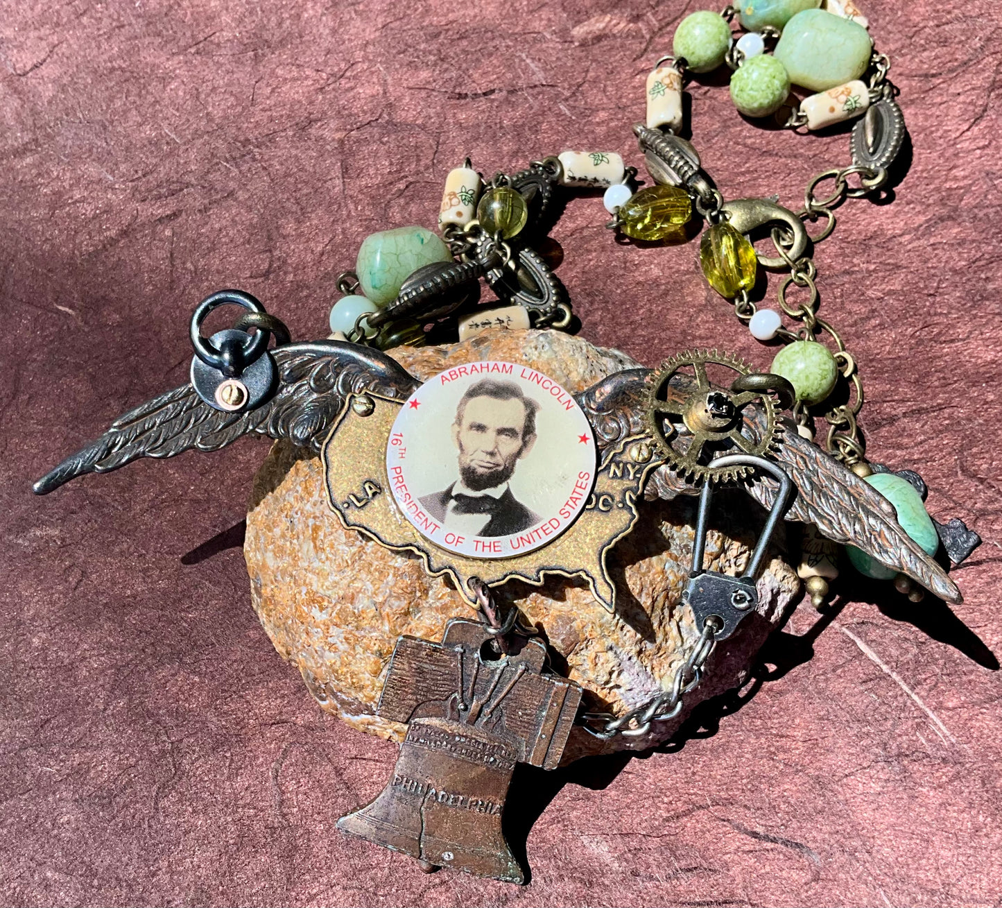 Lincoln and liberty bell found objects statement necklace
