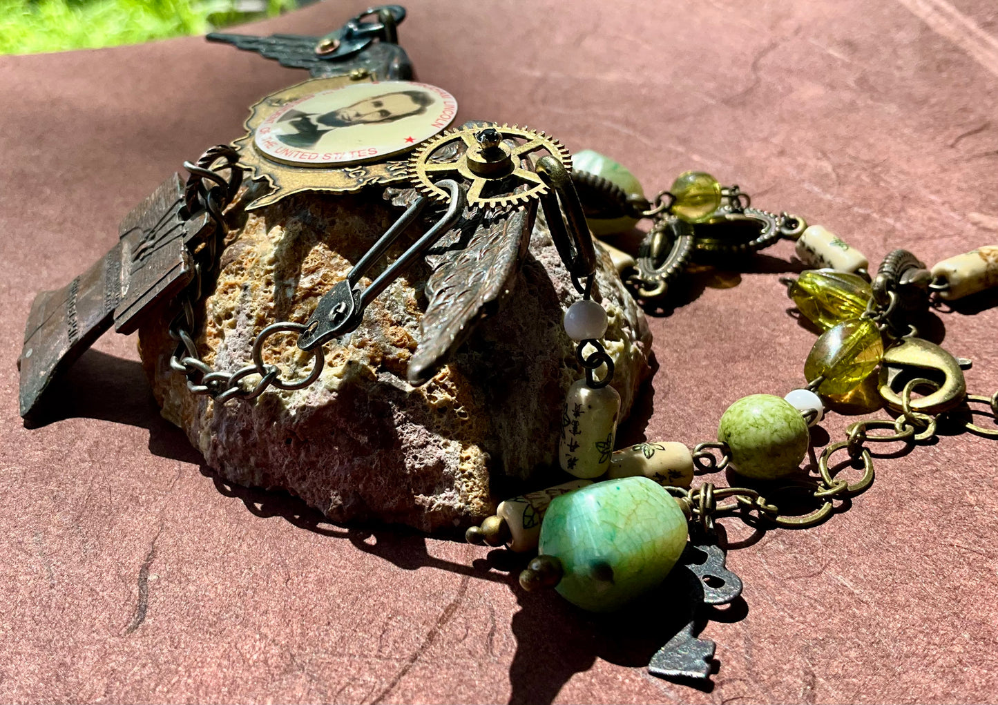 Lincoln and liberty bell found objects statement necklace