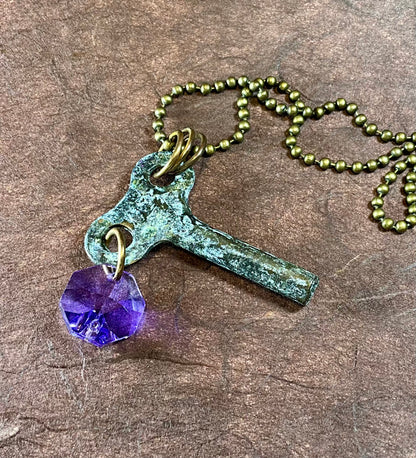 patina key necklace with tanzanite crystal