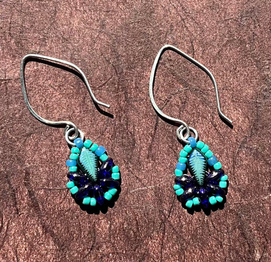 teal and cobalt blue woven leaf earrings