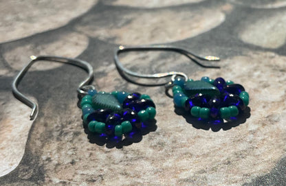 teal and cobalt blue woven leaf earrings