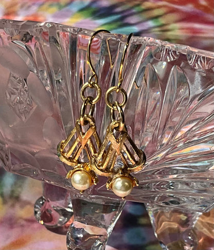 goldtone drops with pearls earrings drops from vintage recycled jewelry necklace