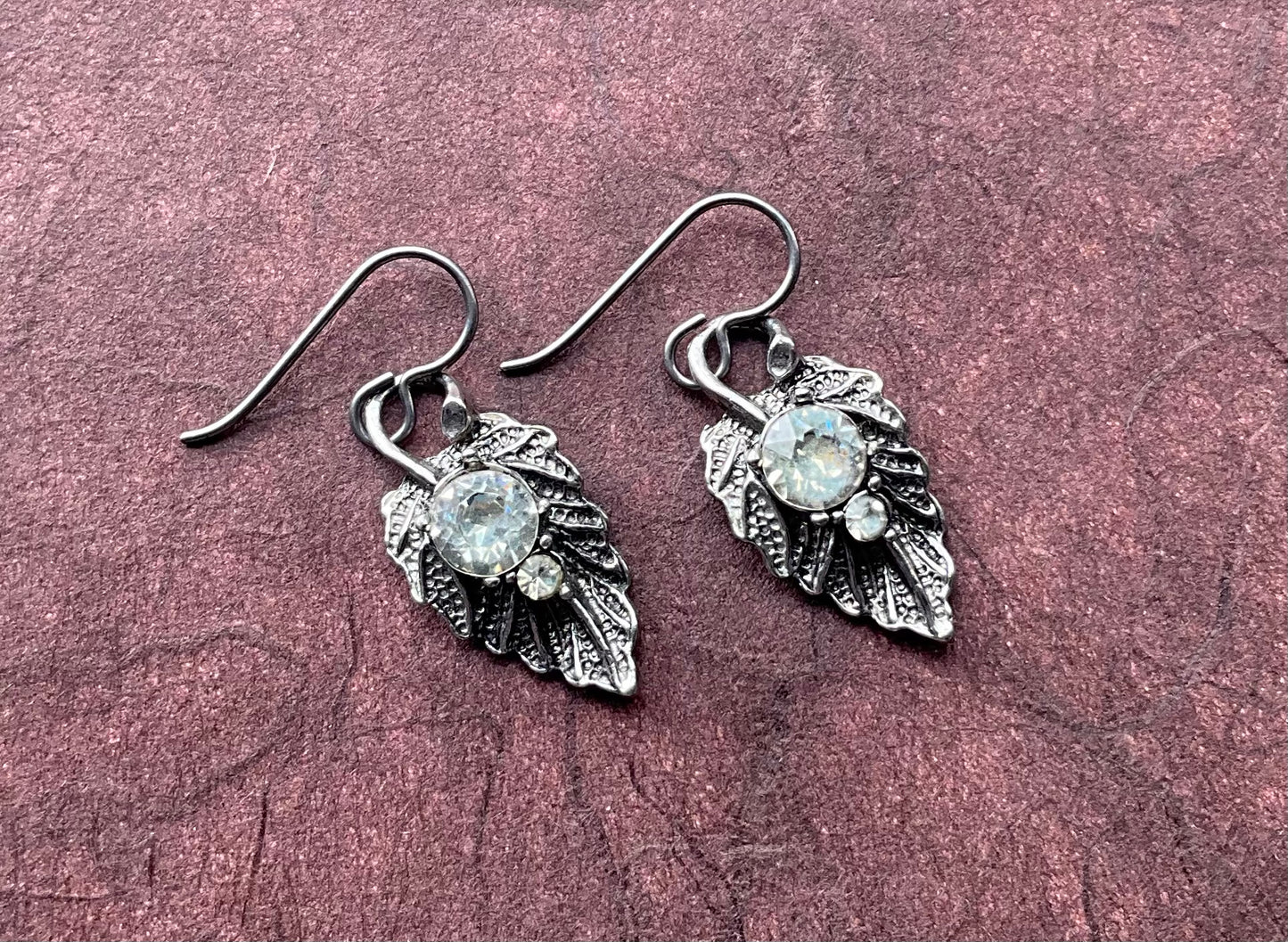 recycled vintage crystals leaf earrings silver-tone