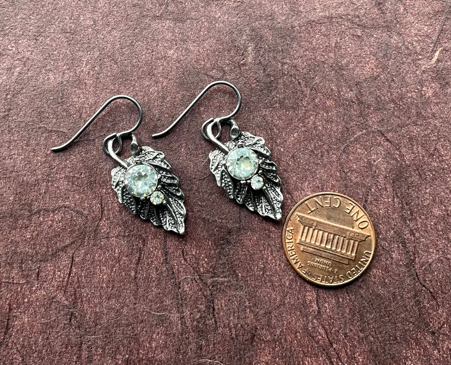 recycled vintage crystals leaf earrings silver-tone